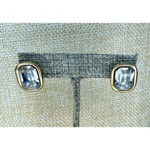 Givenchy Vintage Gold-Tone Crystal Stud Earrings Rectangular Clear Glass Rhinest